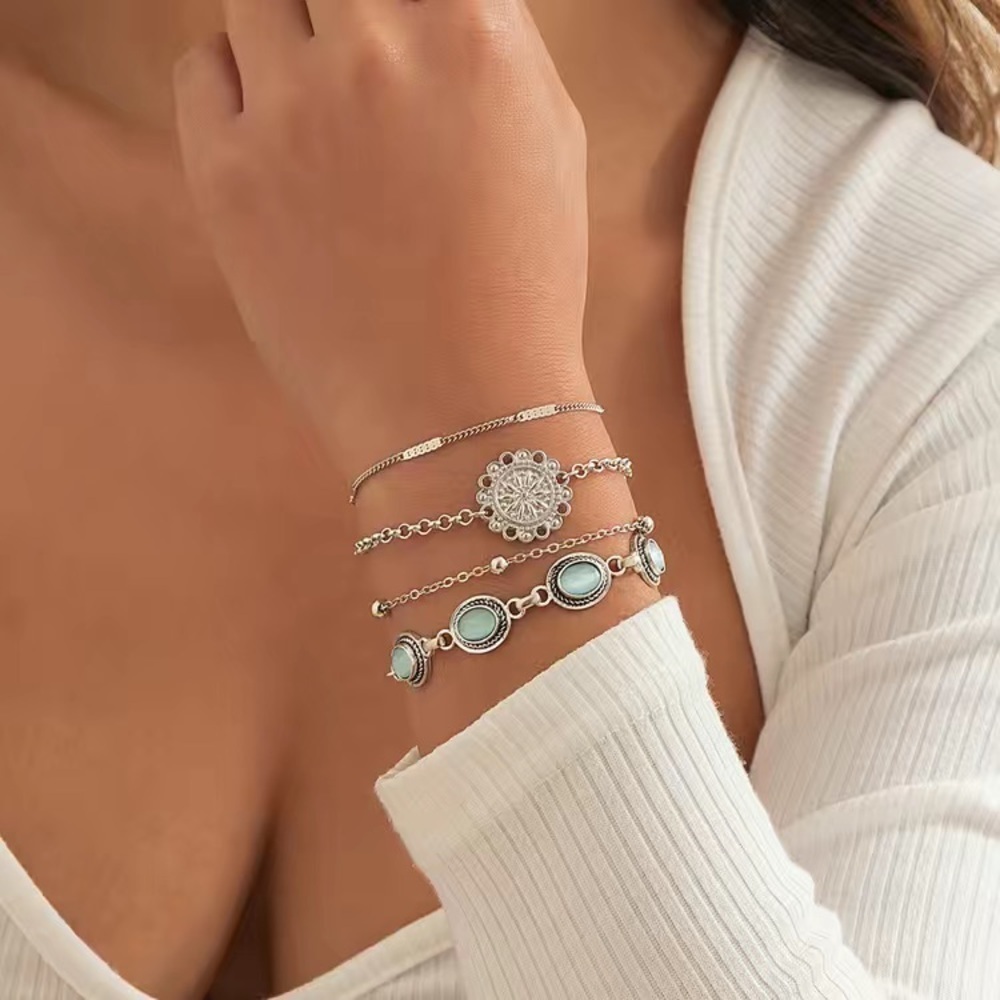 4-Piece Inlaid Opal Flower Plate Set Bracelet